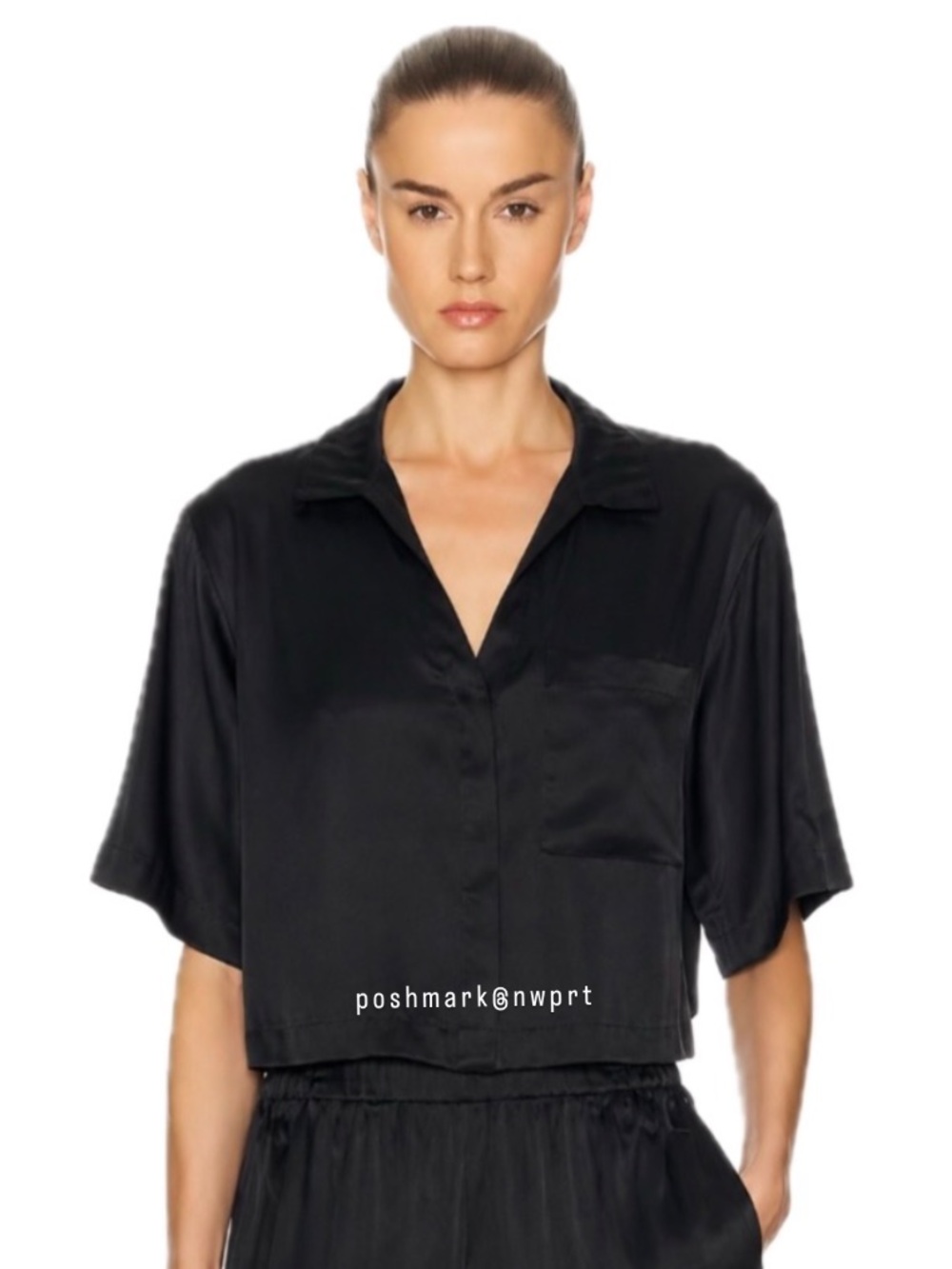 LUNYA Washable Silk Black Cropped Blouse Top Pajama XS